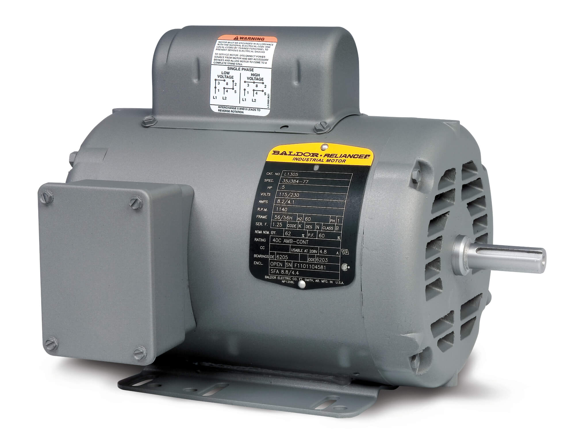 Single Phase Motor, 115/230V, 1200 RPM, 60 Hz, 0.16 hp, ODP, 48 Frame