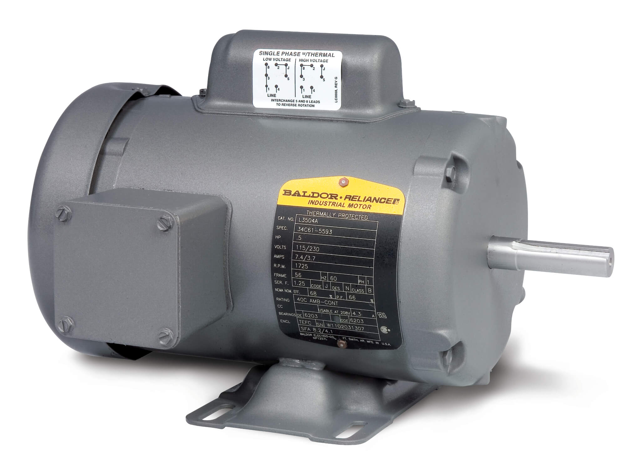 Single Phase Motor, 115/230V, 1200 RPM, 60 Hz, 0.16 hp, TEFC, 48 Frame