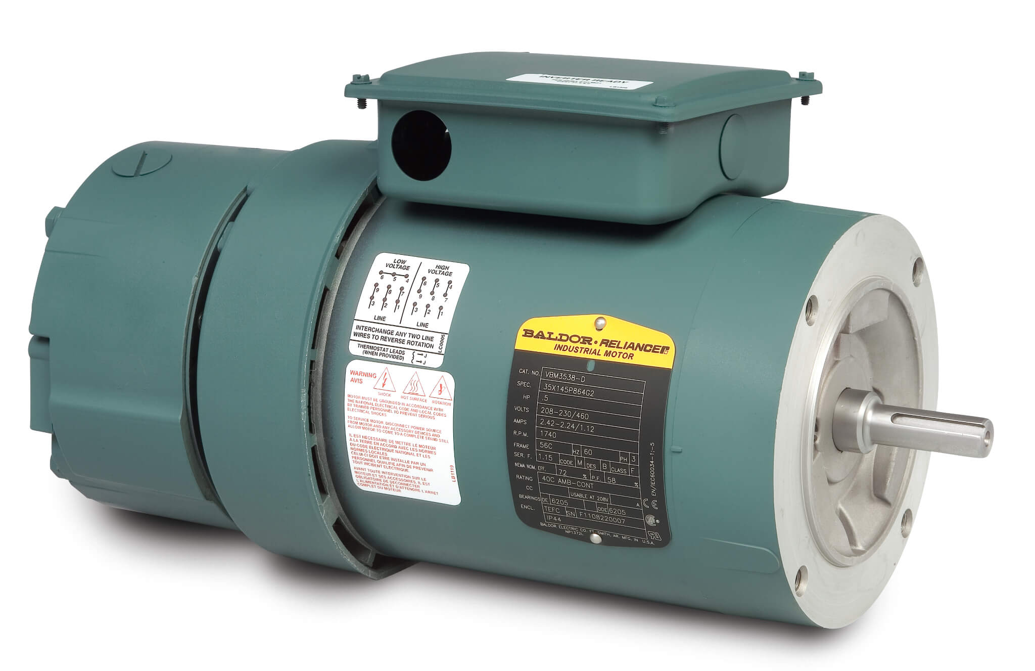 BALDOR MOTOR VBM3538-D General Unit Handling Motor, 230/460V, 1800 RPM, 60 Hz, 0.5 hp, TEFC, 56C Frame | AJ6YDH