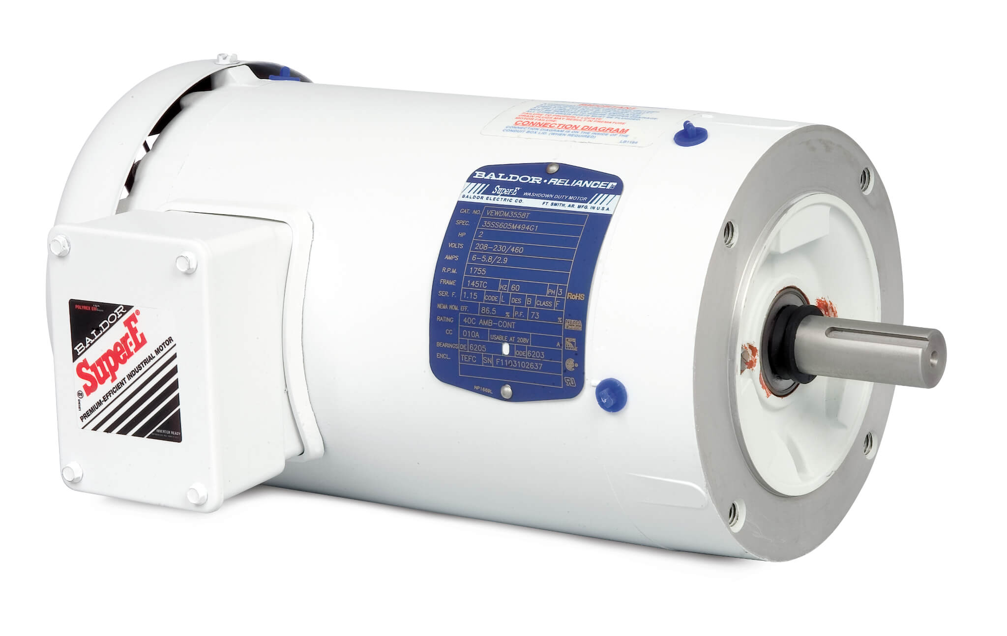 BALDOR MOTOR VEFWDM3546T White Washdown Motor, 230/460V, 1800 RPM, 1 hp, 3 Phase, TEFC, 143TC Frame | AJ6YJW