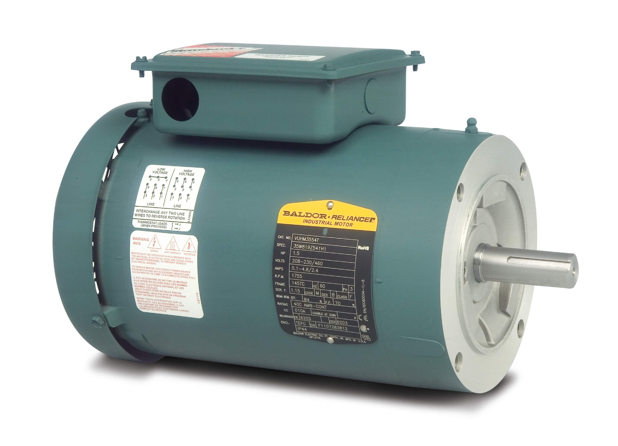 Unit Handling Motor, 230/460V, 1800 RPM, 60 Hz, 0.5 hp, 3 Phase, TEFC, 56C Frame