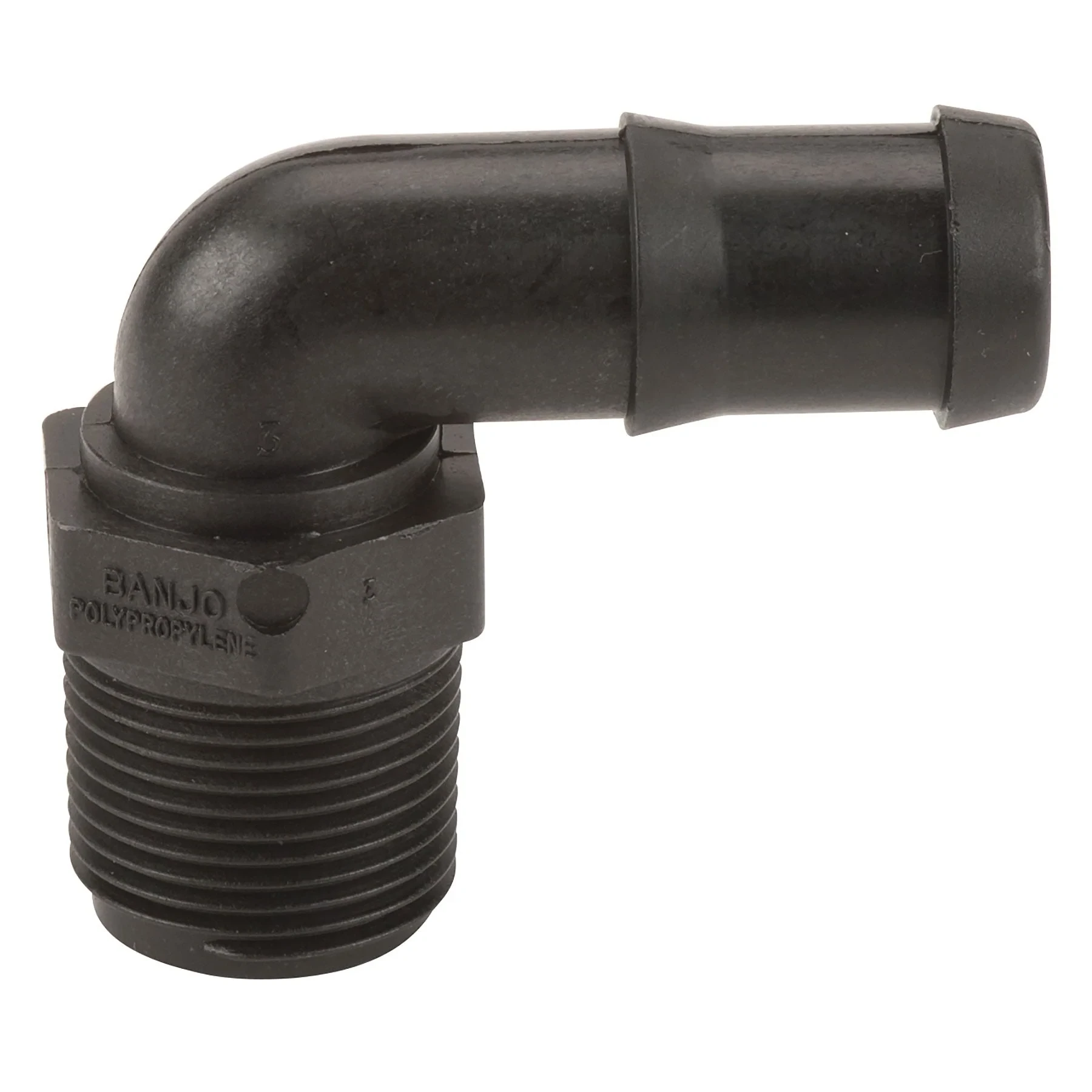 Hose Barb, Poly, 90 Deg Bend, 3/4 Inch MPT X 1/2 Inch Hb