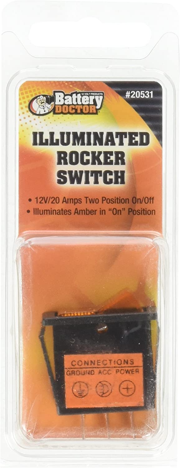 BATTERY DOCTOR 20531 Illuminated Rocker Switch, On/Off, 12 x 30 mm Slot Size, 20A, Amber | CG9ANK