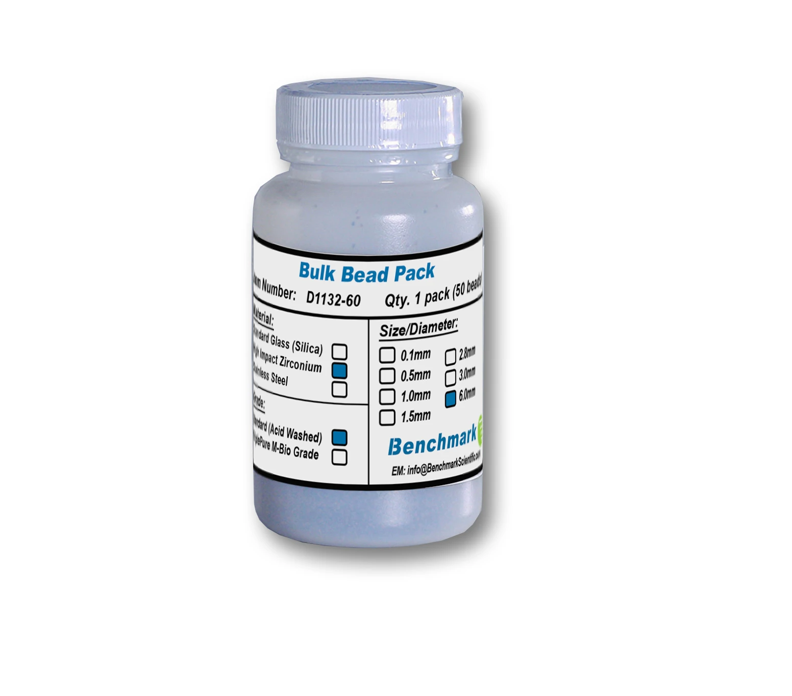 BENCHMARK SCIENTIFIC D1132-60 Bulk Beads, 6mm, Zirconium Oxide, Ceria Stabilized, Pack Of 50 | CE7MKD