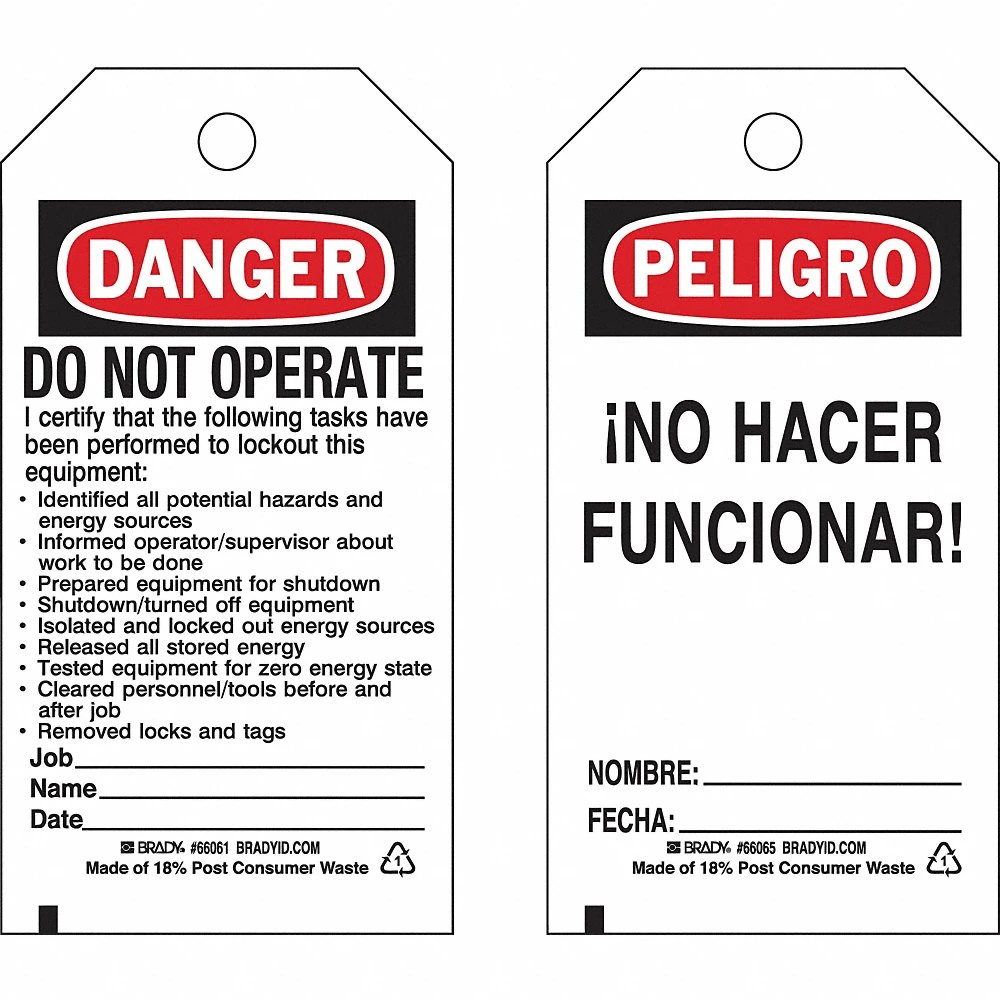 BRADY 133489 Lockout Tag, Danger/Peligro, Danger Do Not Operate, Polyester, Fecha/Nombre | CP2FJF 489M42