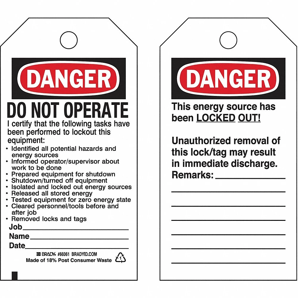BRADY 133491 Lockout Tag, Danger, Danger Do Not Operate, Paper, Remarks, Write-On Surface, English | CP2FHP 489L45