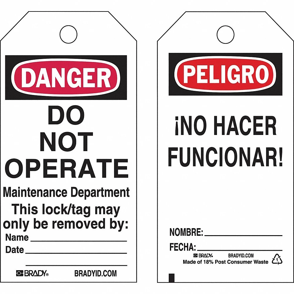 BRADY 133547 Lockout Tag, Peligro/Danger, Danger Do Not Operate, Paper, Date/Fecha/Name/Nombre | CP2FMF 489M53