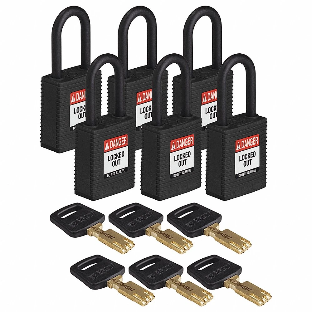BRADY NYL-BLK-38PL-KA6PK Lockout Padlock, Keyed Alike, Nylon, Std Body Body Size, Plastic, Std, Black, 6 Pack Size | CP2FCF 55JX99
