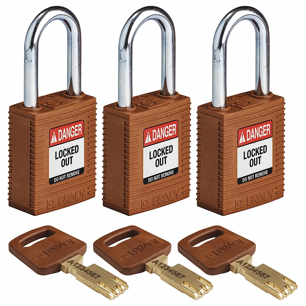 BRADY NYL-BRN-38ST-KA3PK Lockout Padlock, Keyed Alike, Nylon, Std Body Body Size, Steel, Std, Brown, 3 Pack Size | CP2FHM 55JX66