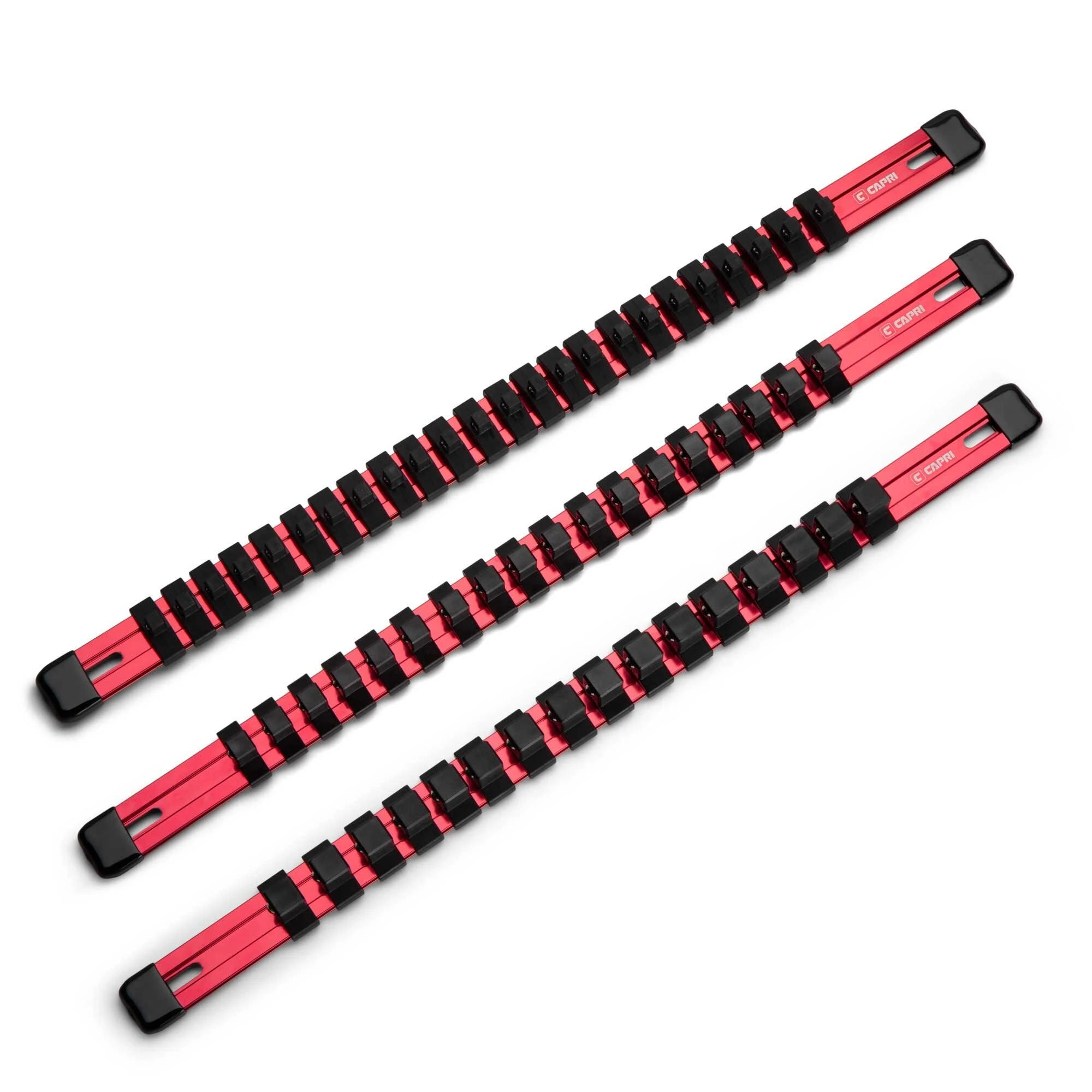 Aluminum Socket Rail Set, 14, 38 and 12 Drive, 17 Long, Red, 3Pcs Rail W 58 Socket Clips
