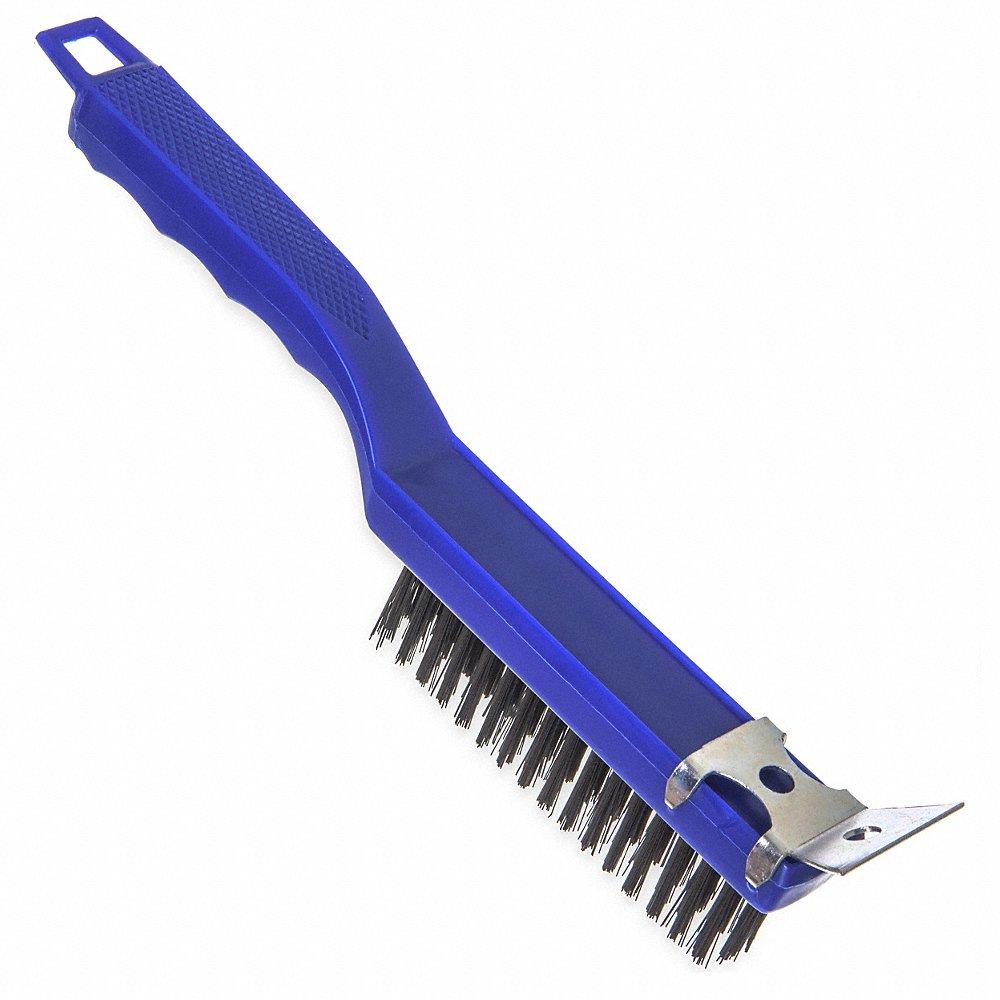 Scratch Brush, 11 1/2 Inch Length, Carbon Steel Bristles, Plastic Handle, Blue