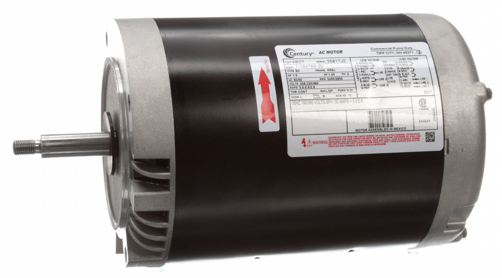 CENTURY H607 General Purpose Pump Motor, 1 1/2 hp, 3 Phase, 3450/2850 Rpm | CH6PNQ 60WD22