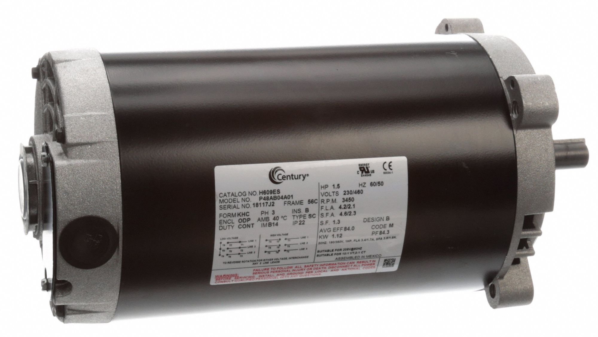 CENTURY H609ES General Purpose Pump Motor, 1 1/2 hp, 3 Phase, 3450 Rpm | CH6PNR 60WD29