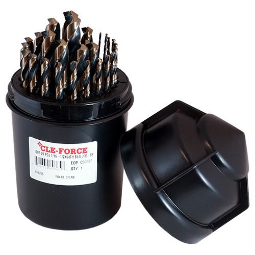 CLE-FORCE C69385 Jobber Length Drill Set, 135 Deg. Split Point, ‎1/16-1/2 Inch Size, HSS, 29Pcs/Set | CL2KBU