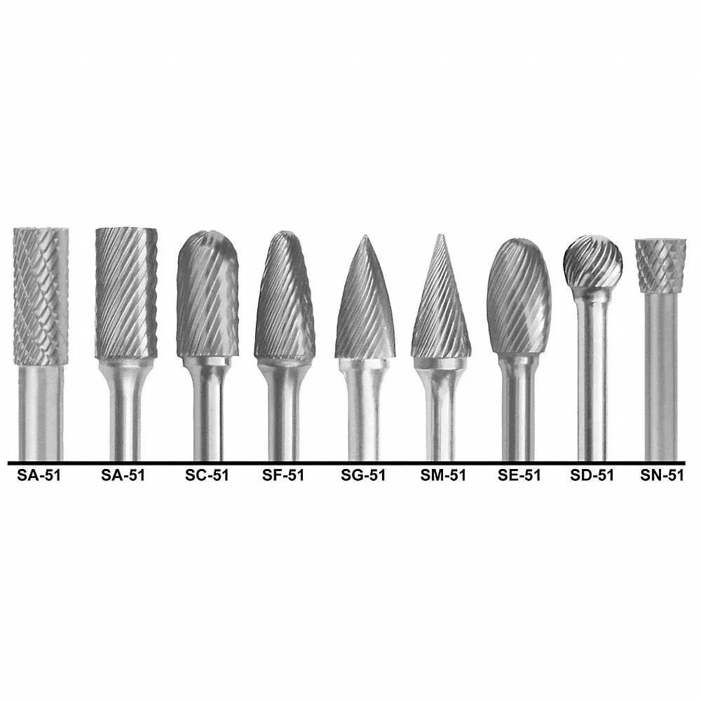 Carbide Bur Set, 1/8 Inch Shank Dia, Double Cut, 1/4 Inch Head Dia, 9 pc