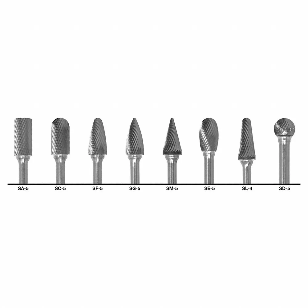 Carbide Bur Set, 1/4 Inch Shank Dia, Double Cut, 1/2 Inch Head Dia, 8 pc