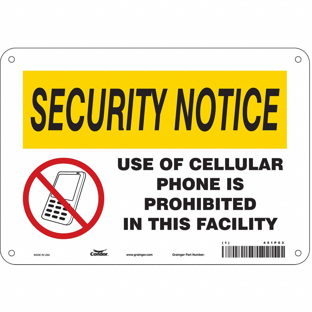 CONDOR 451P08 Safety Sign Cell Phone, Security Notice, 14 Inch Width, 10 Inch Height, English | CE9LEH