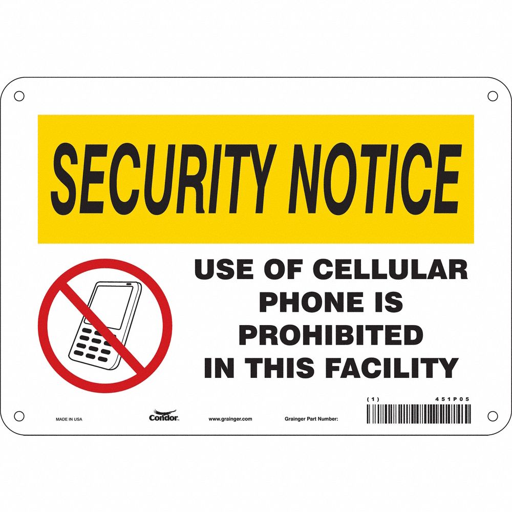 CONDOR 451P05 Safety Sign Cell Phone, Security Notice, 10 Inch Width, 7 Inch Height, English | CE9LEN