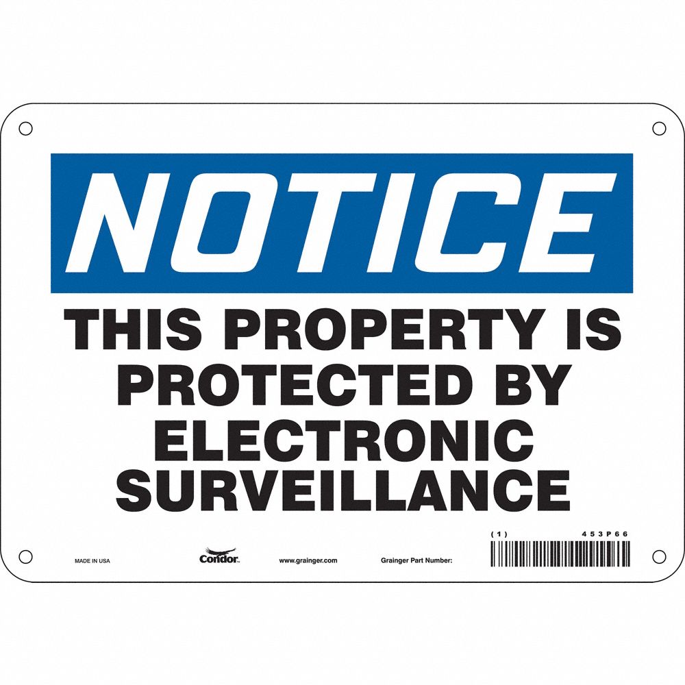 CONDOR 453P69 Security Sign, Notice, 10 Inch Width, 7 Inch Height, English, Plastic | CE9JVV