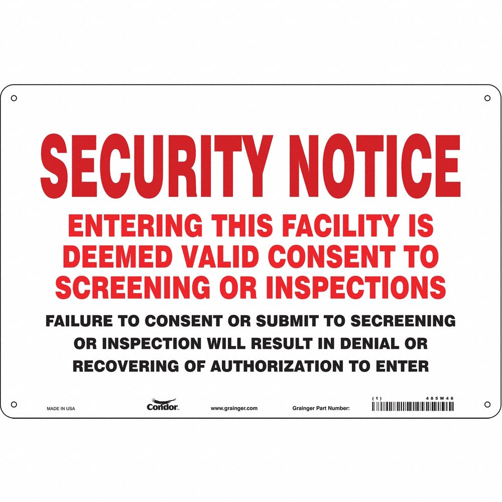 CONDOR 485W48 Security Sign, Security Notice, 36 Inch Width, 24 Inch Height, English, Vinyl | CE9JQH