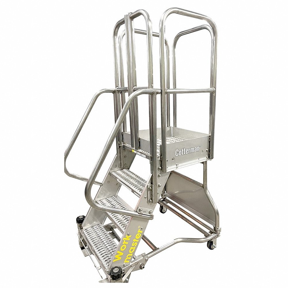 Rolling Ladder, 5 ft Platform Ht, Assembled, Foot-Activated Step Lock, Stainless Steel