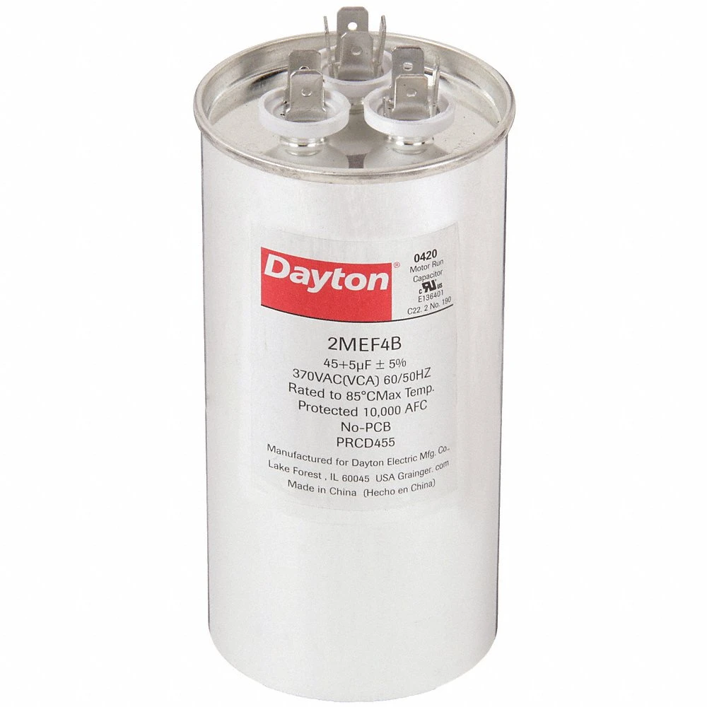 DAYTON 2MEF4 Motor Dual Run Capacitor, Round, 370V AC, 45/5 mfd, 5 1/4 Inch Overall Height | CJ2VRC