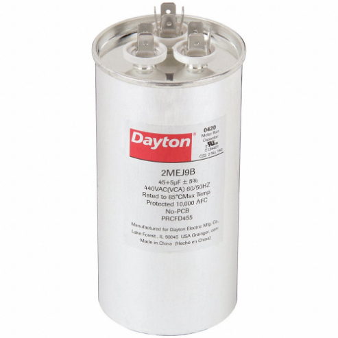 DAYTON 2MEJ9 Dual Run Motor Capacitor, Round, 2-3/8" Dia., Steel Cover, 45/5 mF | BH3BFF