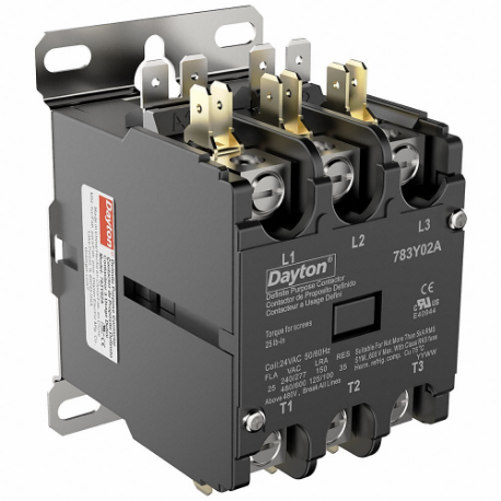 DAYTON 783Y02 Definite Purpose Magnetic Contactor, 3 Poles, 25 A Full Load Amps-Inductive, 24VAC | CR2WUA