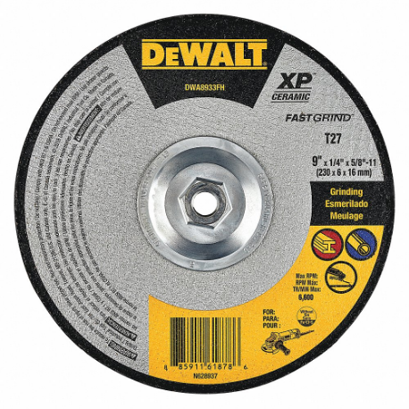 DEWALT DWA8933FH Abrasive Cut-Off Wheel, 9 Inch Abrasive Wheel Dia, Ceramic, Type 27 | CP3NRB 493Z97