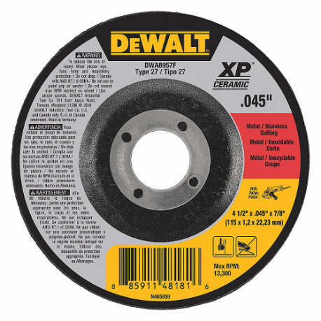 DEWALT DWA8957F Abrasive Cut-Off Wheel, 4 1/2 Inch Abrasive Wheel Dia, Ceramic, Type 27 | CP3NPZ 49ZZ85