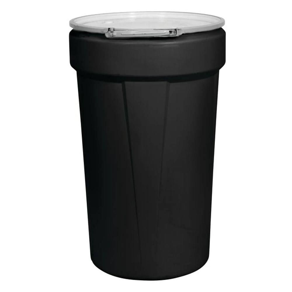 EAGLE 1655MBLKBG Open Head Poly Drum, 57 Gallon,Black, Metal Lever-Lock Ring with Bung Lid | AG8DXF