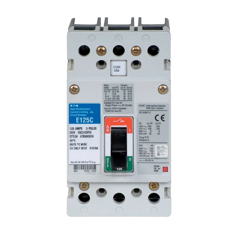 EATON EGC3125FFGH31 G Molded Case Circuit Breaker, Eg-Frame, Eg, Fixed Thermal, Fixed Magnetic Trip | BJ4CJB
