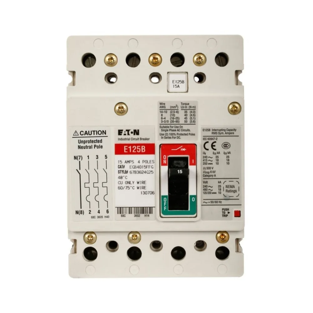 EATON EGE4050FFG Molded Case Circuit Breaker, 600Y/347 VAC, 50 A, 18 kA Interrupt, 4 Poles | BH9ALW