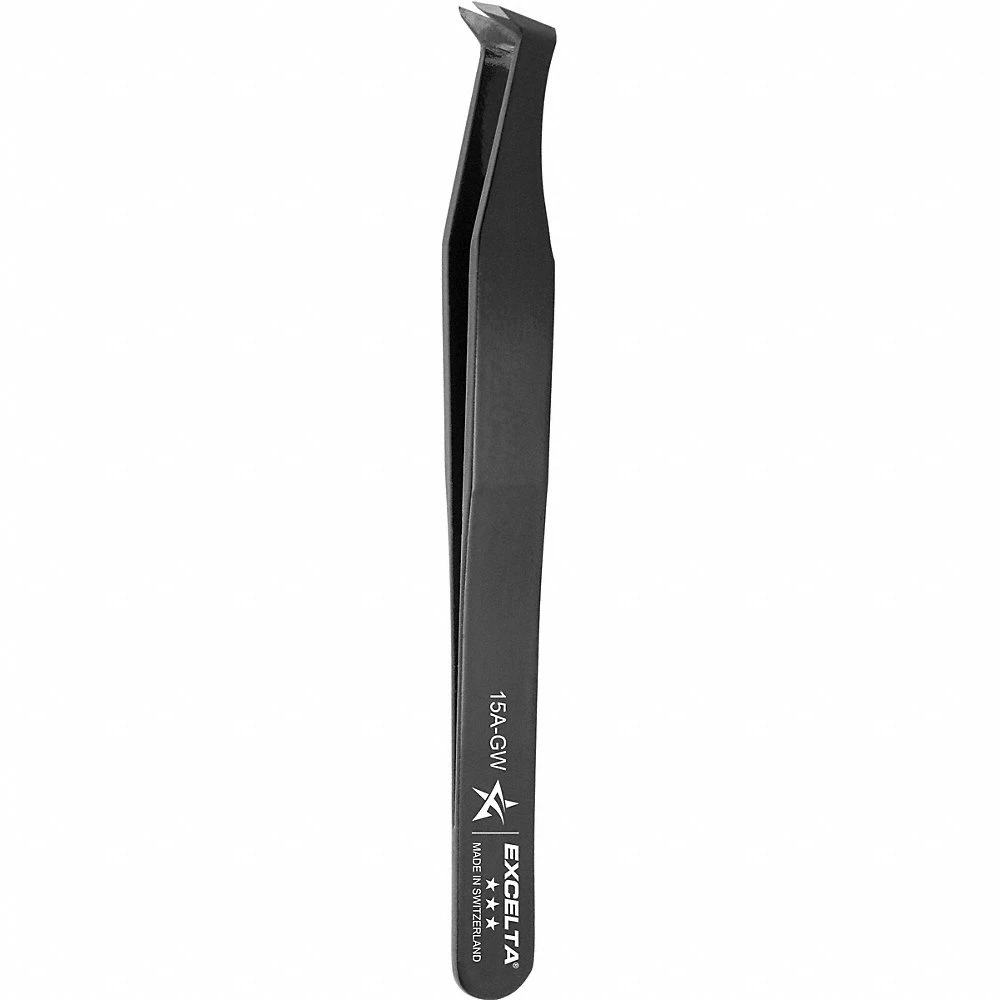 Tweezers, 4 1/2 Inch Length, Carbon Steel, Round, Bent Tip, 0.25 Inch Tip Thick