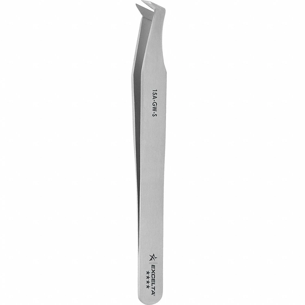 Tweezers, 4 1/2 Inch Length, Carbon Steel, Round, Bent Tip