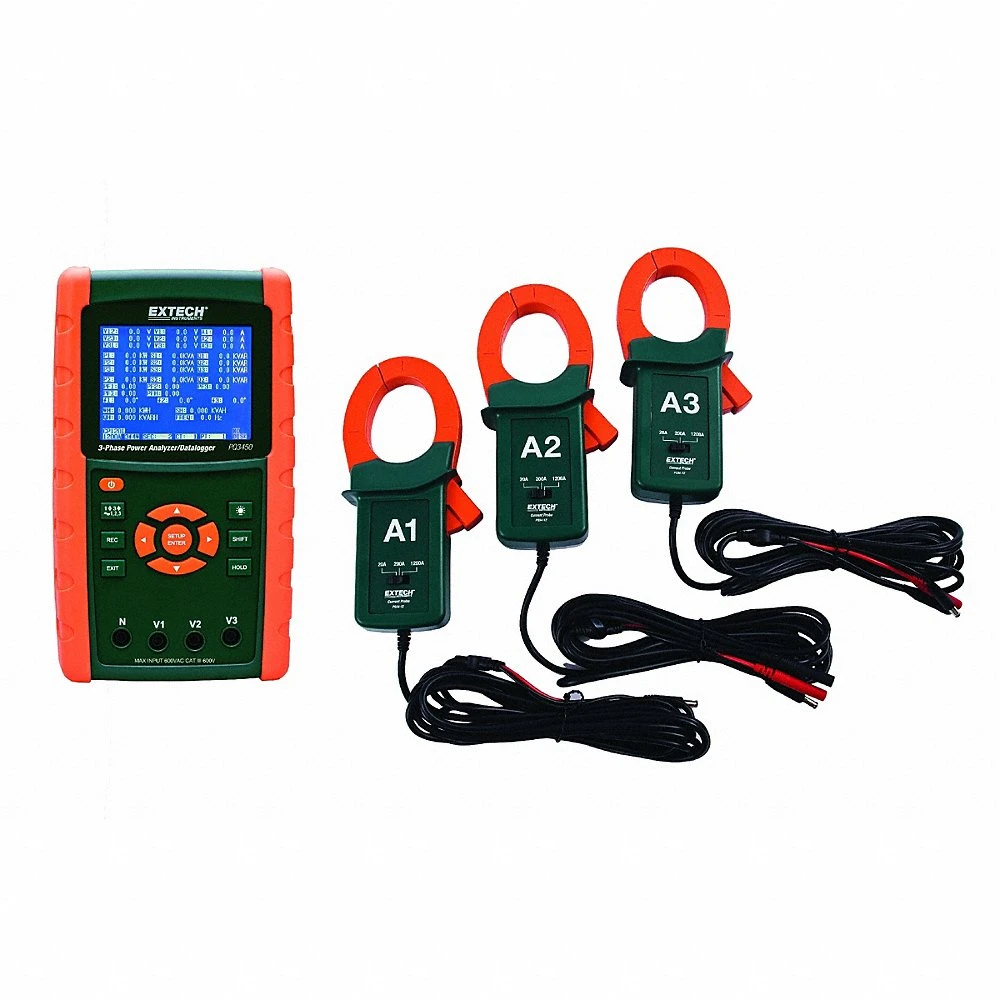 Graphical 3-Ph Power Analyzer Kit, CAT III 600V, 1200 A Max AC Current Measured, Battery