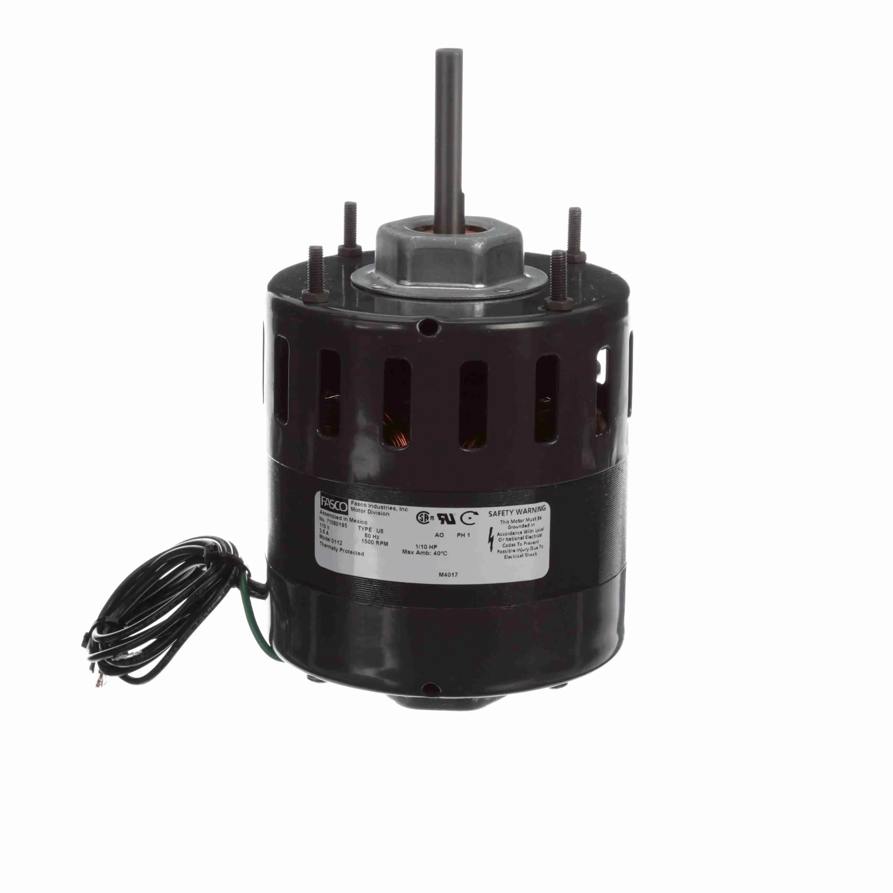 Fan And Blower Motor, 1/10 HP, 1 Phase, 60 Hz, 115 V, 1500 rpm, 1 Speed, 4.4 Inch Dia, Oao