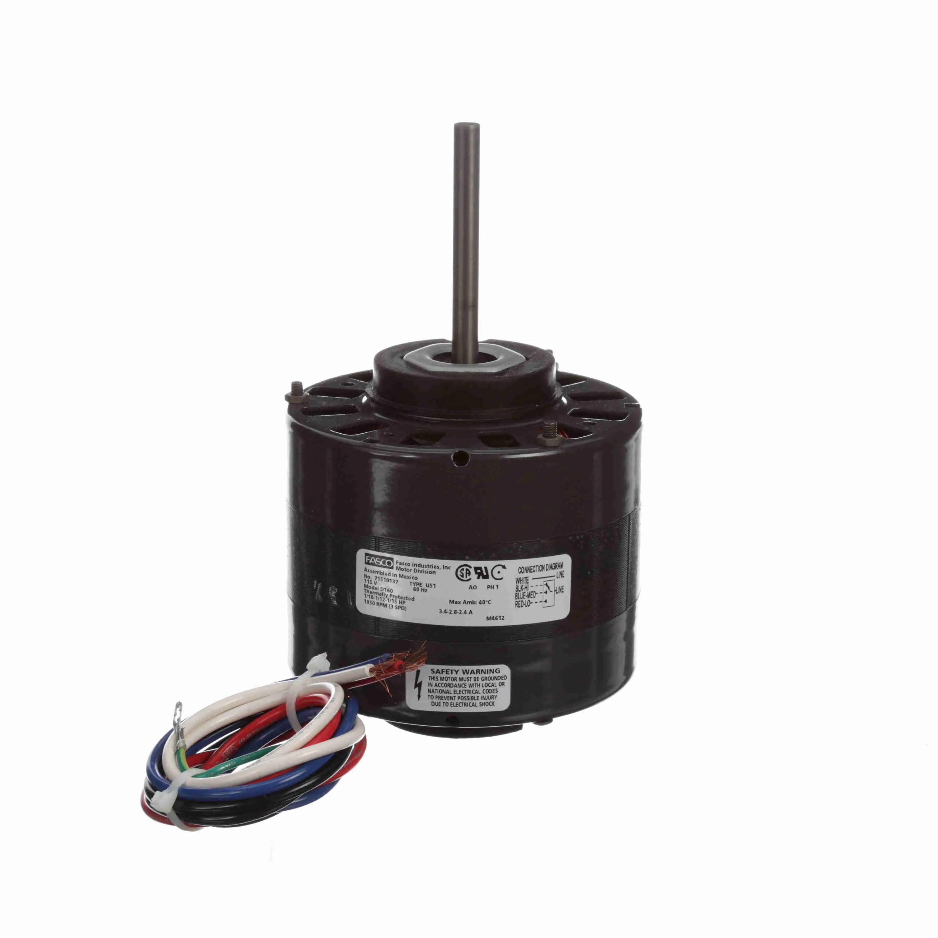 Fan And Blower Motor, 1 Phase, 60 Hz, 115 V, 1050 rpm, 3 Speed, 42 Frame