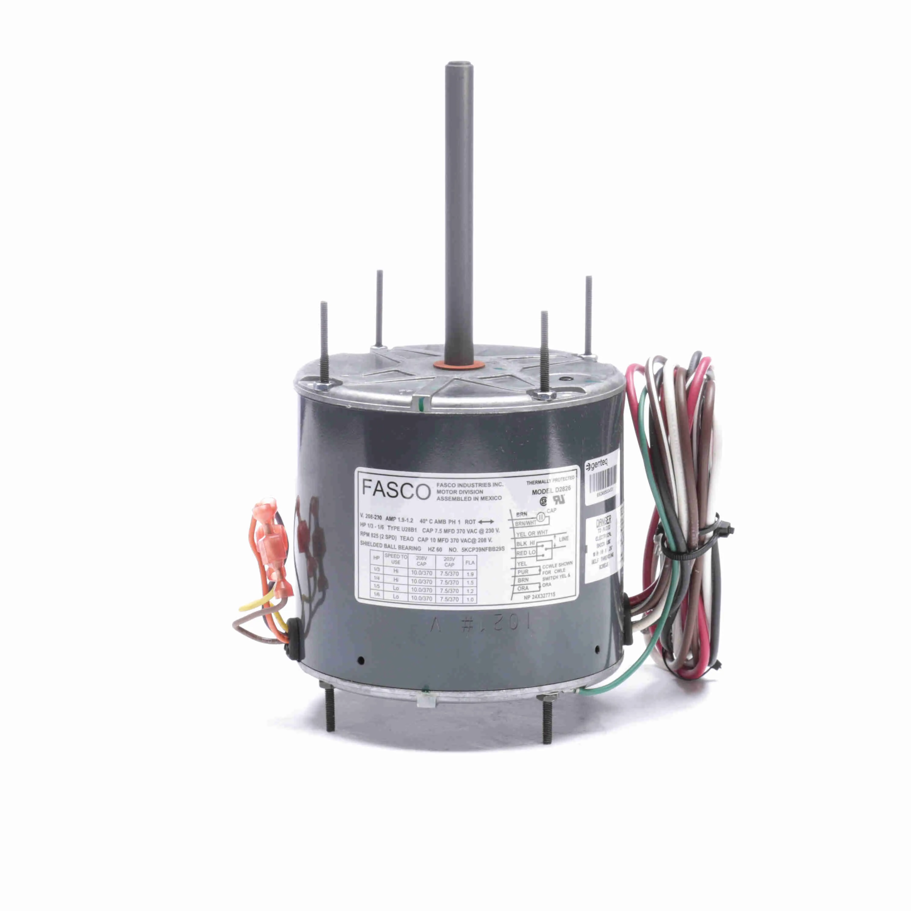 Condenser Fan Motor, 1/3-1/6 HP, 1 Phase, 60 Hz, 208-230 V, 825 rpm, 2 Speed, 48 Frame