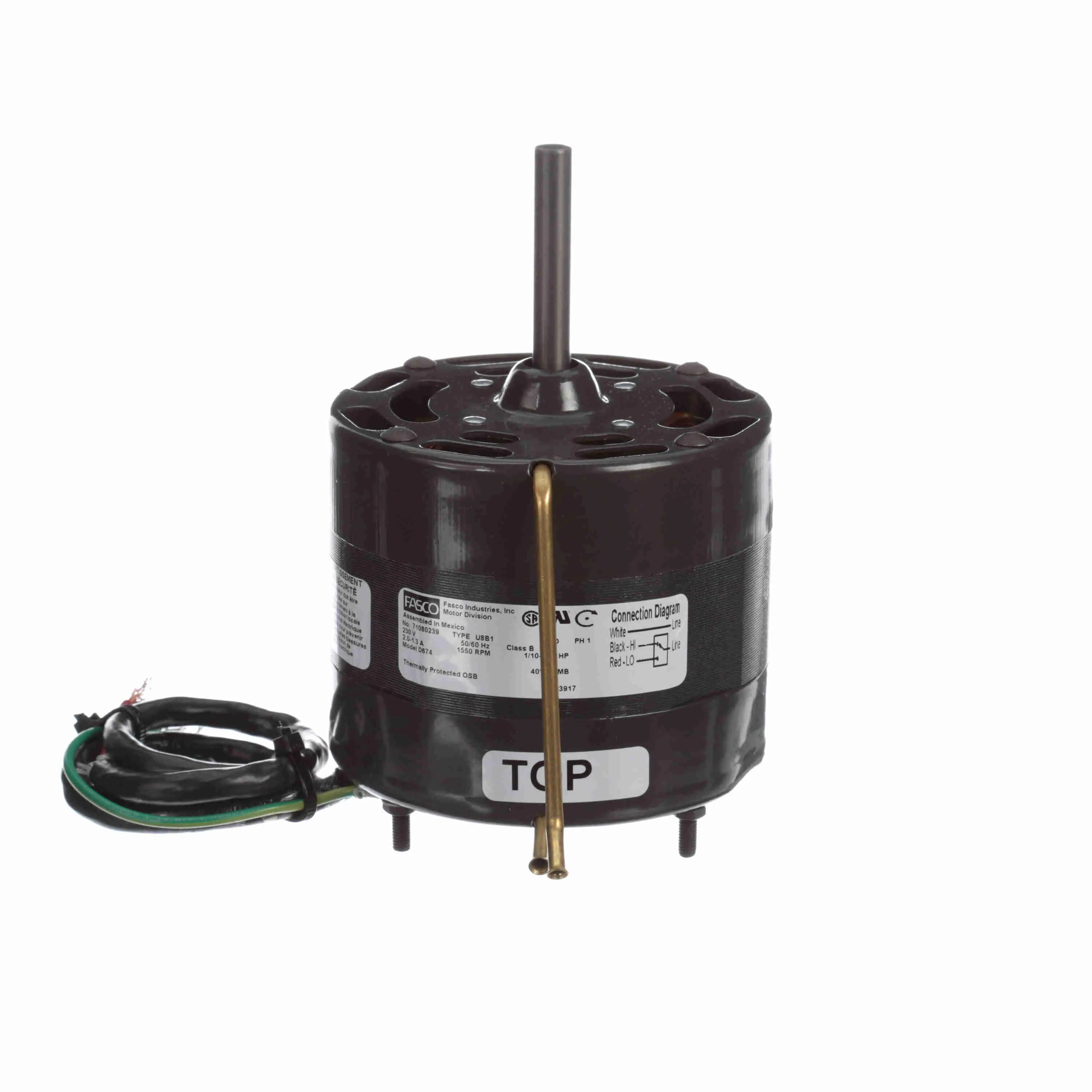 Fan And Blower Motor, 1/10-1/15 HP, 1 Phase, 60 Hz, 230 V, 1500 rpm, 2 Speed, 4.4 Inch Dia