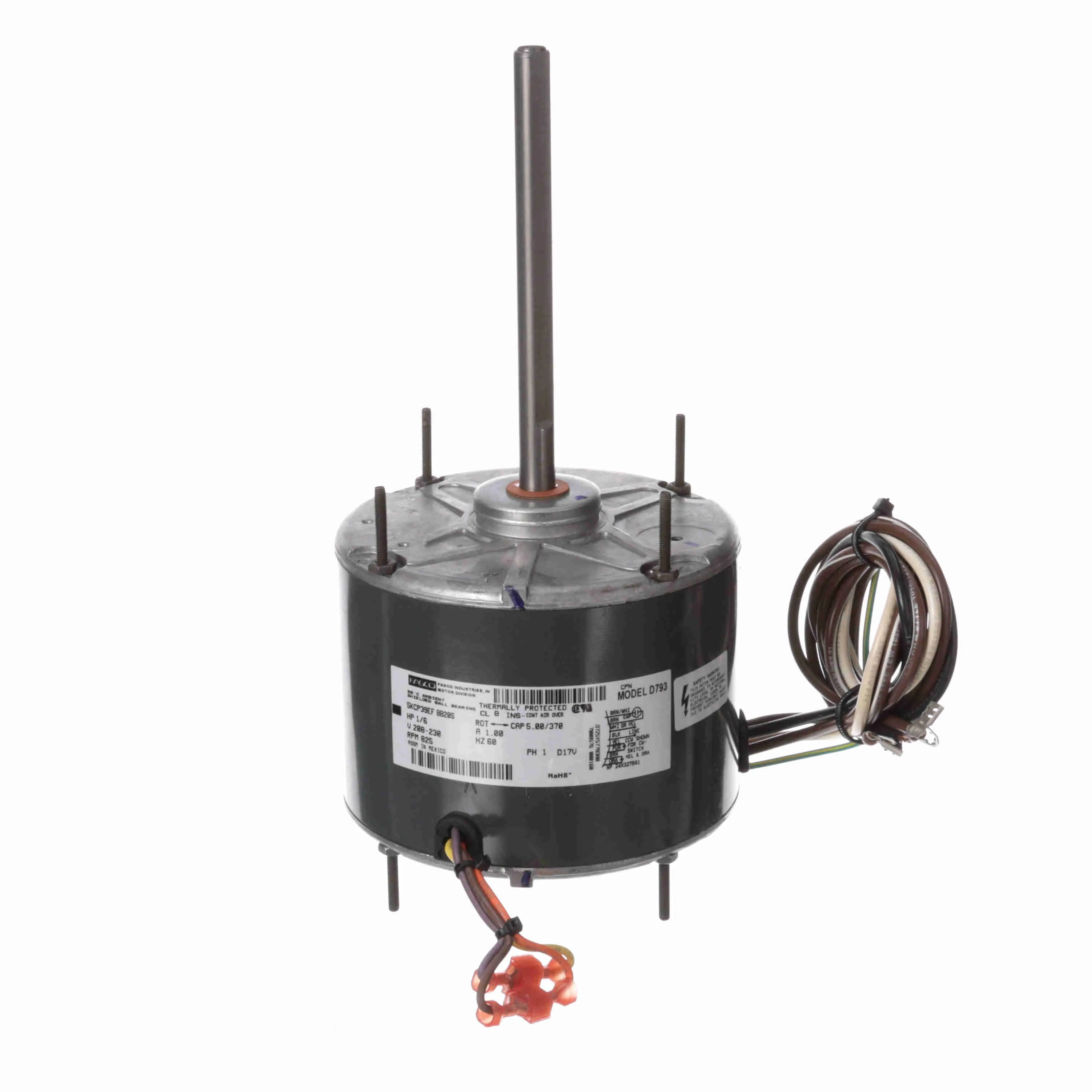 Condenser Fan Motor, 1/6 HP, 1 Phase, 60 Hz, 208-230 V, 825 rpm, 1 Speed, 48 Frame