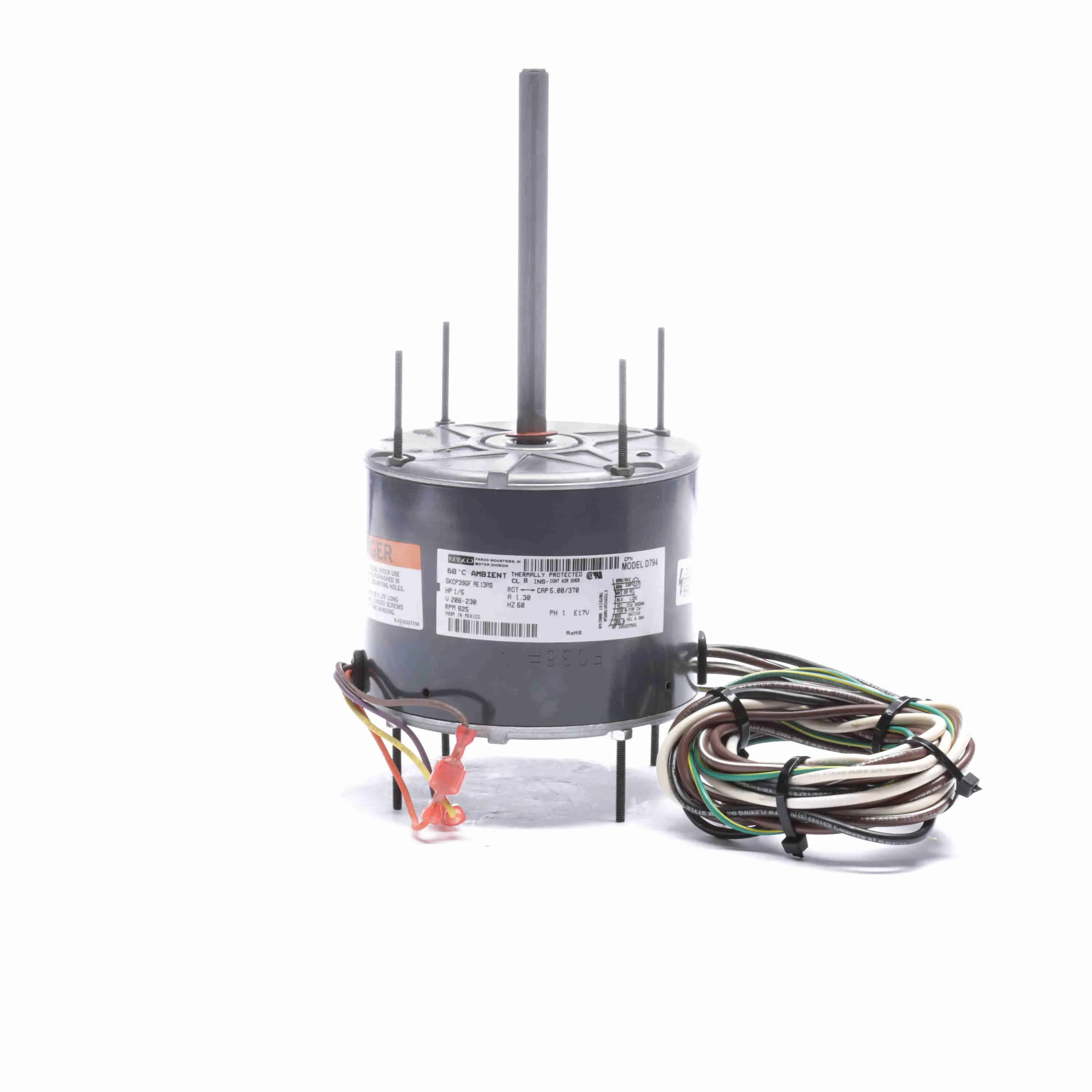 Condenser Fan Motor, 1/5 HP, 1 Phase, 60 Hz, 208-230 V, 825 rpm, 1 Speed, 48 Frame