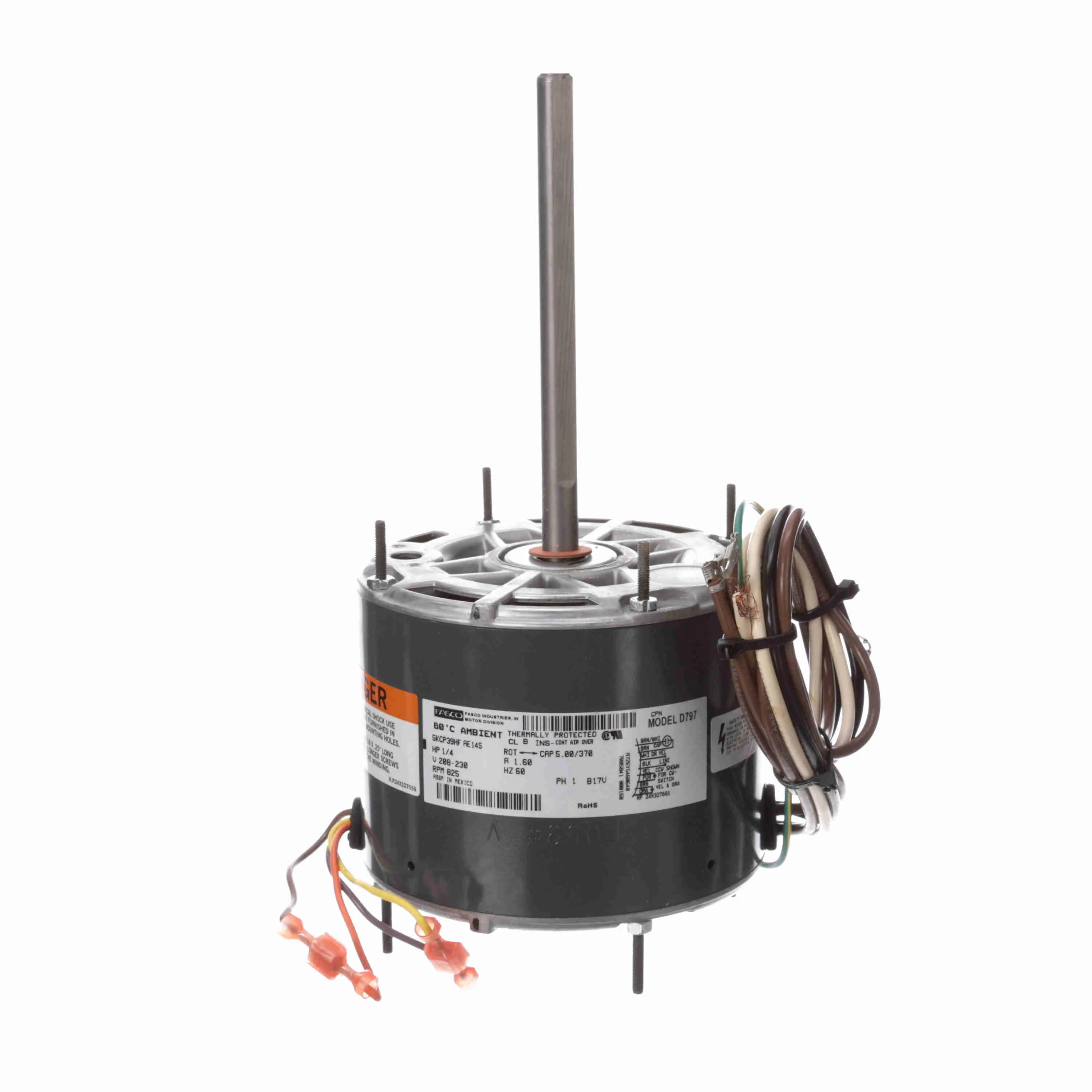 Condenser Fan Motor, 1/4 HP, 1 Phase, 60 Hz, 208-230 V, 825 rpm, 1 Speed, 48 Frame