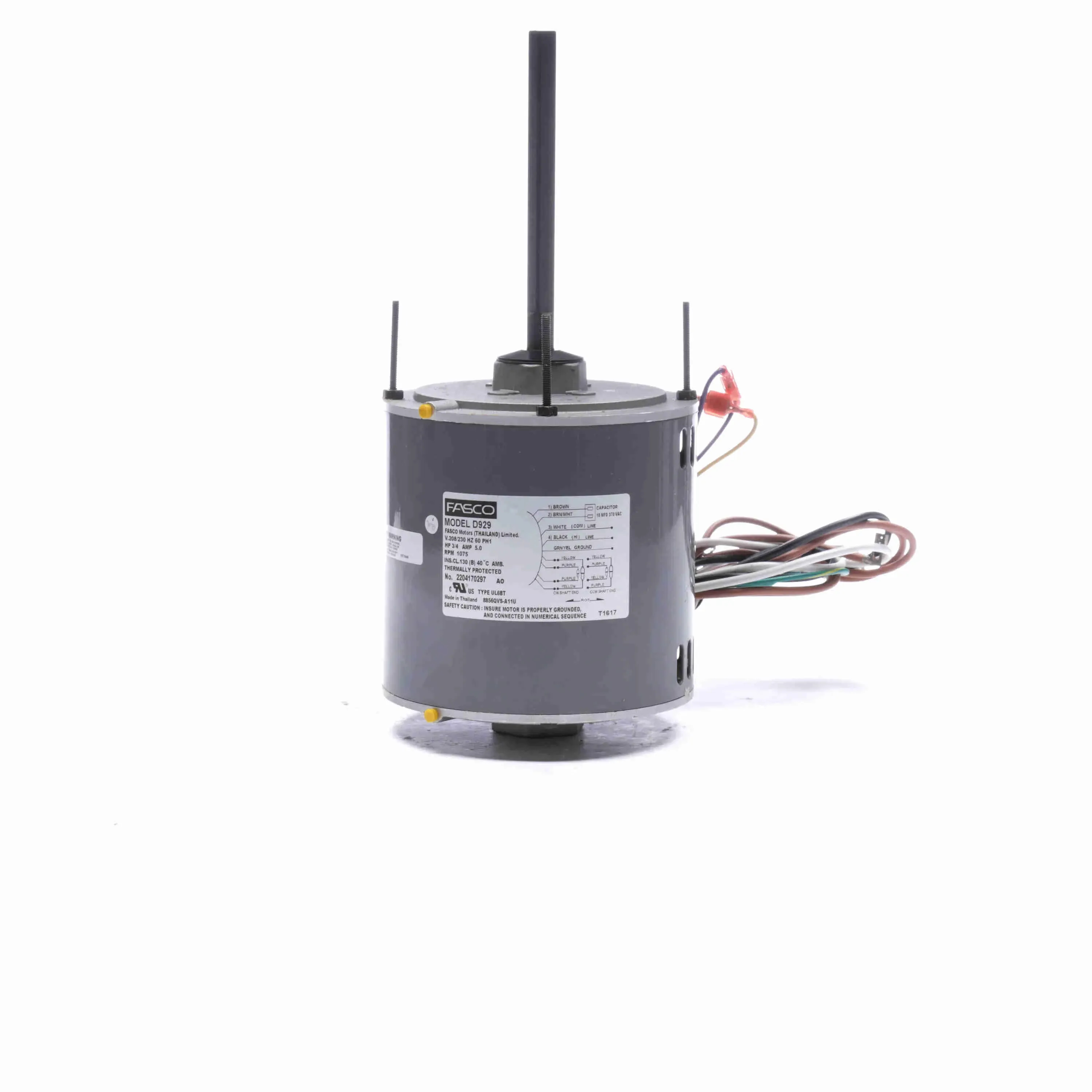 Condenser Fan Motor, 3/4 HP, 1 Phase, 60 Hz, 208/230 V, 1075 rpm, 1 Speed, 48 Frame