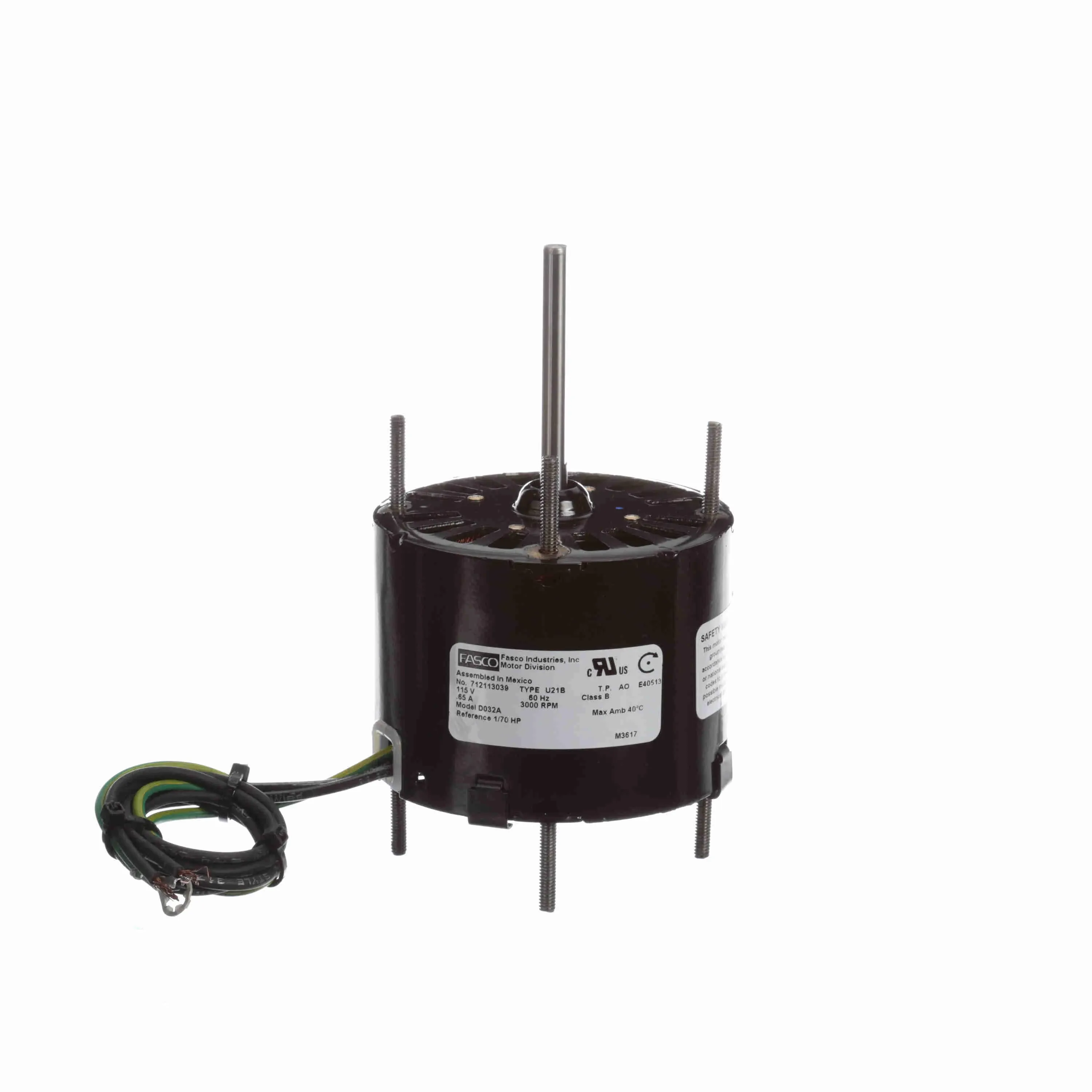 Ventilation Motor, 1/70 HP, 1 Phase, 60 Hz, 115 V, 3000 RPM, 1 Speed, 3.3 Inch Diameter