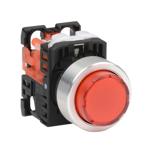 Pushbutton, 22mm, Momentary, LED Illuminated, 1 N.C. Contact, Plastic Base, Metal Bezel