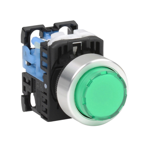 Pushbutton, 22mm, Momentary, LED Illuminated, 1 N.O. Contact, Plastic Base, Metal Bezel