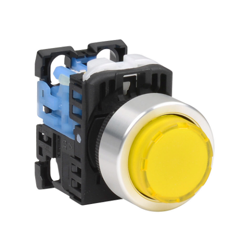 Pushbutton, 22mm, Momentary, LED Illuminated, 1 N.O. Contact, Plastic Base, Metal Bezel
