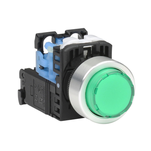 Pushbutton, 22mm, Momentary, LED Illuminated, 1 N.O. Contact, Plastic Base, Metal Bezel