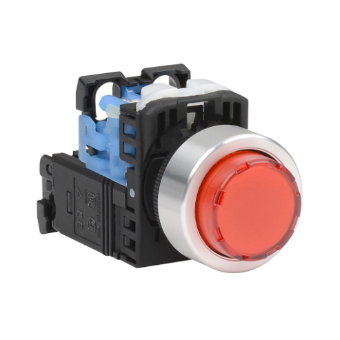 Pushbutton, 22mm, Momentary, LED Illuminated, 1 N.O. Contact, Plastic Base, Metal Bezel